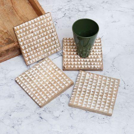 Handmade Brown and White Pattern Wooden Coasters - Pack of 4